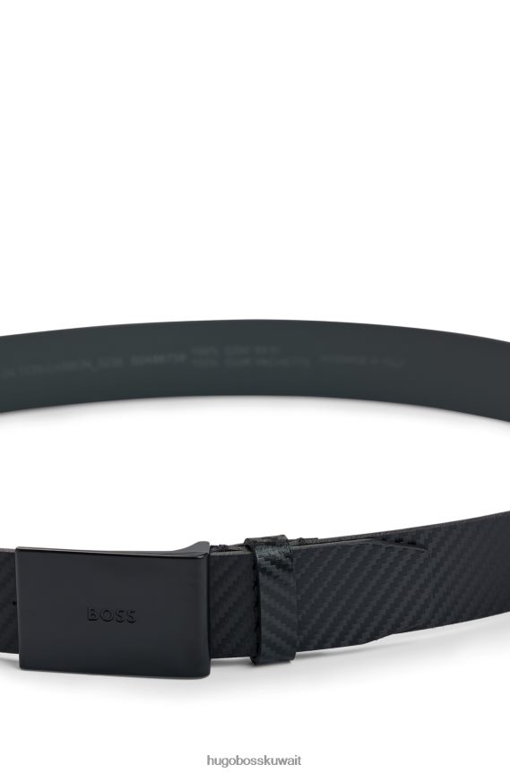 4TFNJN5321 أسود Hugo Boss حزام من الجلد الأسود المنظم مع إبزيم هوغو يحمل شعار العلامة التجارية