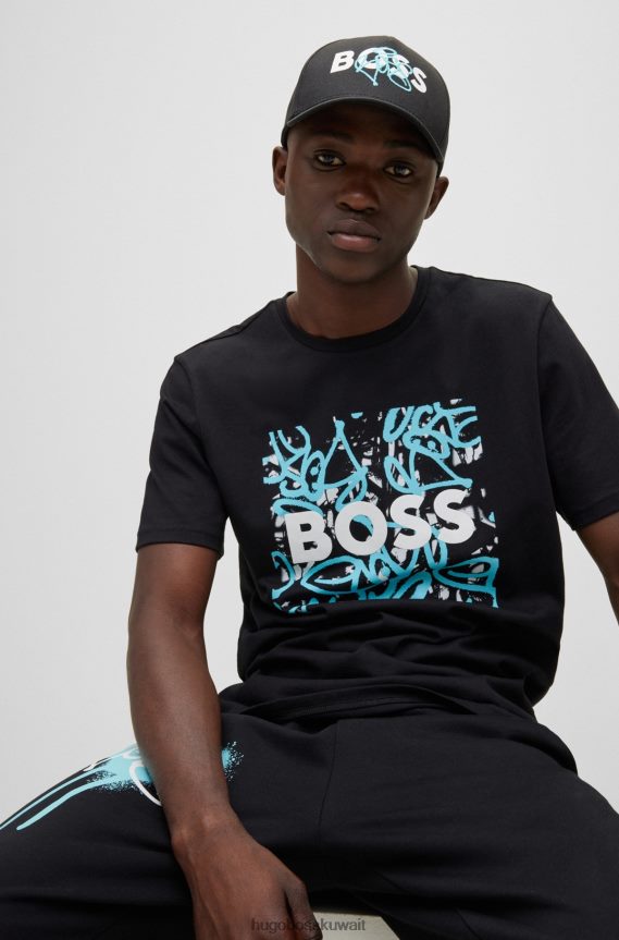 4TFNJN5325 أسود Hugo Boss قبعة هوغو بشعار جرافيتي من نسيج قطني طويل باللون الأسود