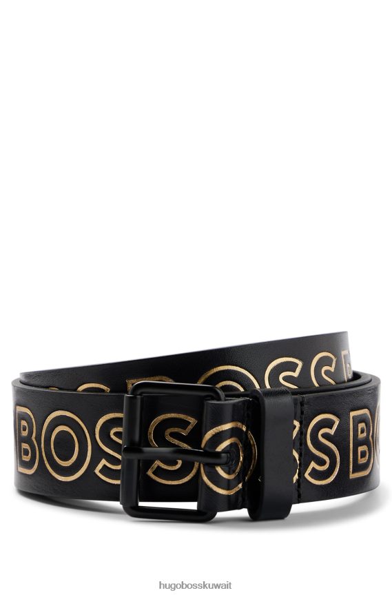 4TFNJN5326 أسود Hugo Boss حزام من الجلد المدبوغ مع شعارات ذهبية اللون باللون الأسود