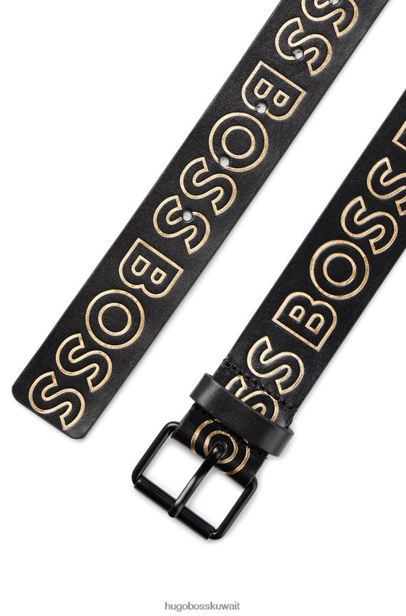 4TFNJN5326 أسود Hugo Boss حزام من الجلد المدبوغ مع شعارات ذهبية اللون باللون الأسود