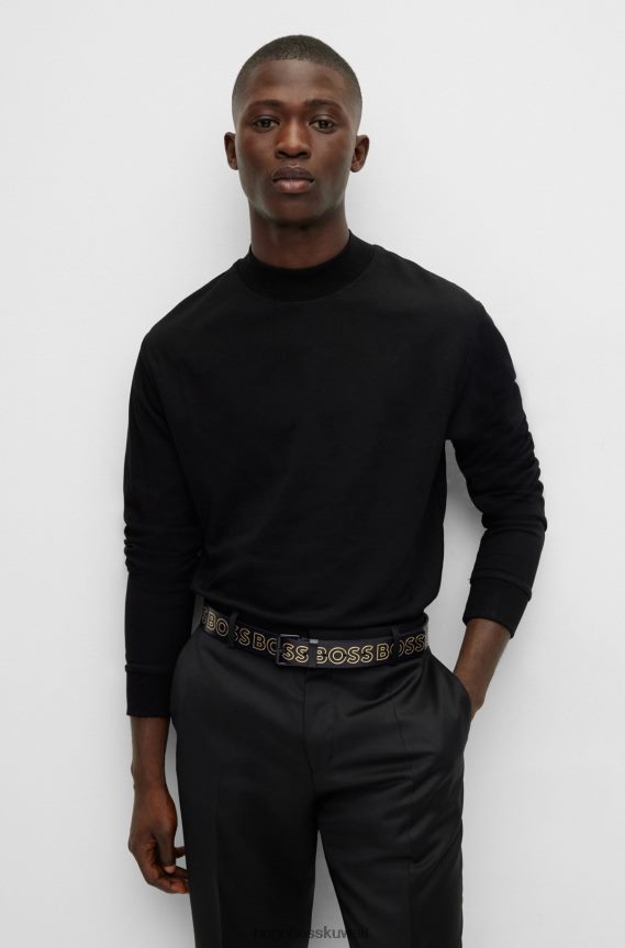 4TFNJN5326 أسود Hugo Boss حزام من الجلد المدبوغ مع شعارات ذهبية اللون باللون الأسود