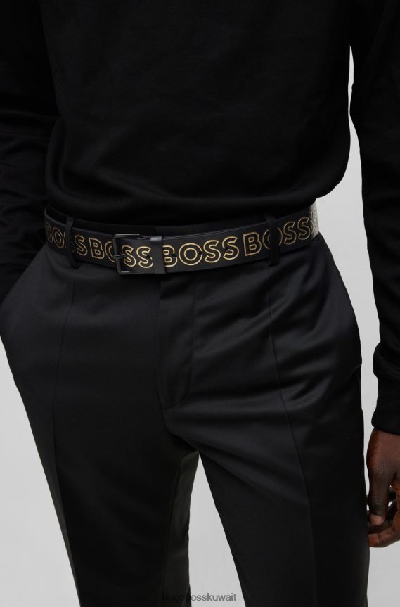 4TFNJN5326 أسود Hugo Boss حزام من الجلد المدبوغ مع شعارات ذهبية اللون باللون الأسود