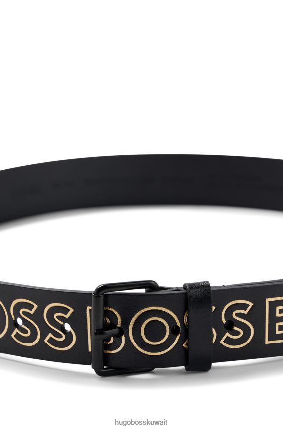 4TFNJN5326 أسود Hugo Boss حزام من الجلد المدبوغ مع شعارات ذهبية اللون باللون الأسود