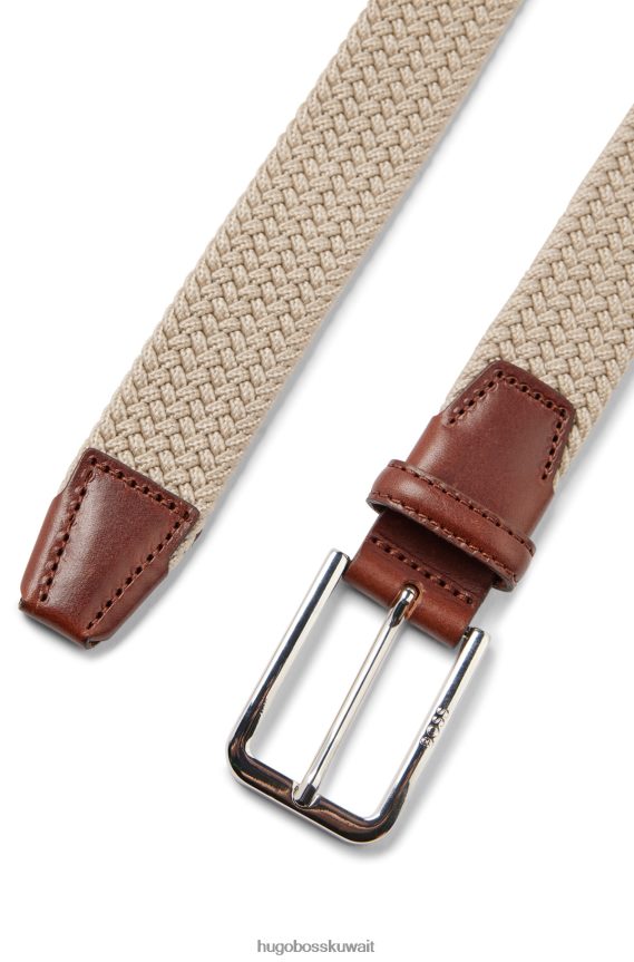 4TFNJN5338 البيج الفاتح Hugo Boss حزام هوغو المنسوج بواجهات جلدية باللون البيج الفاتح