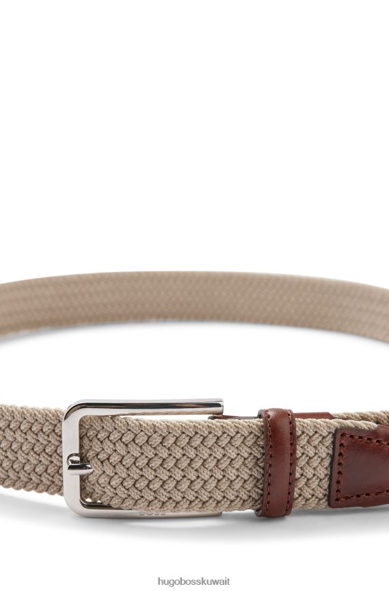 4TFNJN5338 البيج الفاتح Hugo Boss حزام هوغو المنسوج بواجهات جلدية باللون البيج الفاتح