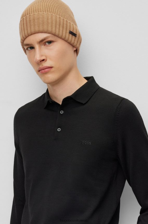 4TFNJN5342 اللون البيج Hugo Boss قبعة صغيرة من الصوف البكر من هوغو باللون البيج مع رقعة شعار من الجلد الصناعي