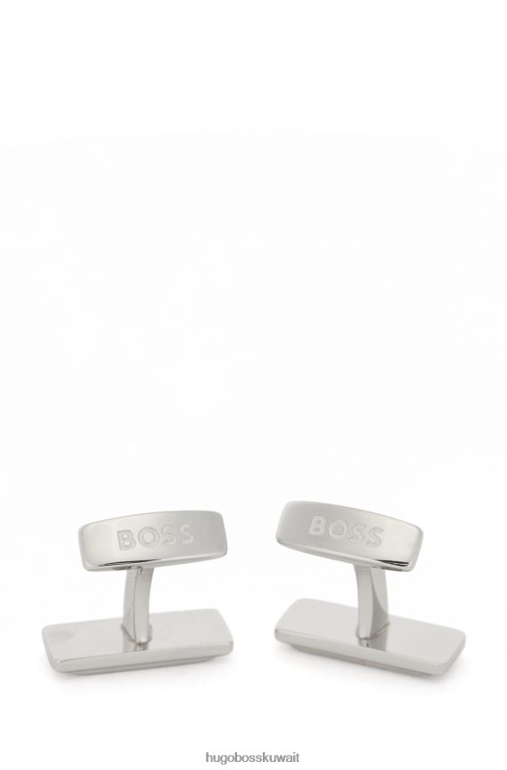 4TFNJN5351 فضة Hugo Boss مجموعة هدايا هوغو من أزرار الأكمام ذات الشعار ومشبك ربطة العنق باللون الفضي