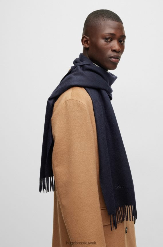 4TFNJN5355 أزرق غامق Hugo Boss وشاح هوغو كشمير إيطالي باللون الأزرق الداكن مع شعار مطرز