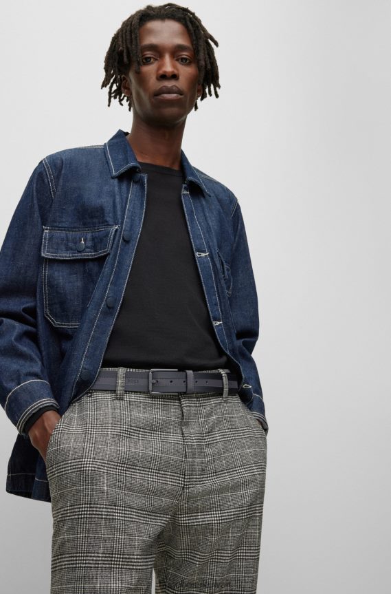 4TFNJN5359 أسود Hugo Boss حزام من الجلد الإيطالي مطلي باللون الأسود مع حزام شعار هوغو مخيط