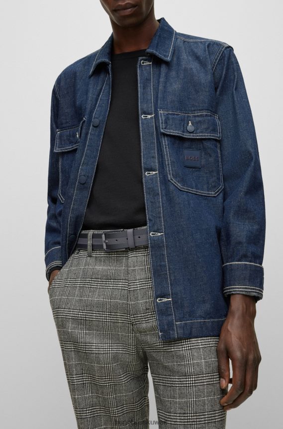 4TFNJN5359 أسود Hugo Boss حزام من الجلد الإيطالي مطلي باللون الأسود مع حزام شعار هوغو مخيط