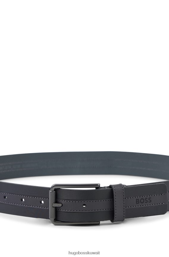 4TFNJN5359 أسود Hugo Boss حزام من الجلد الإيطالي مطلي باللون الأسود مع حزام شعار هوغو مخيط