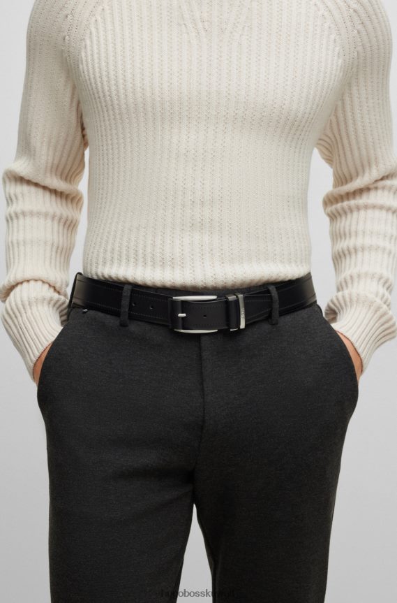 4TFNJN5364 أسود Hugo Boss حزام من الجلد الإيطالي بلمسة نهائية ناعمة وعلامة هوغو السوداء
