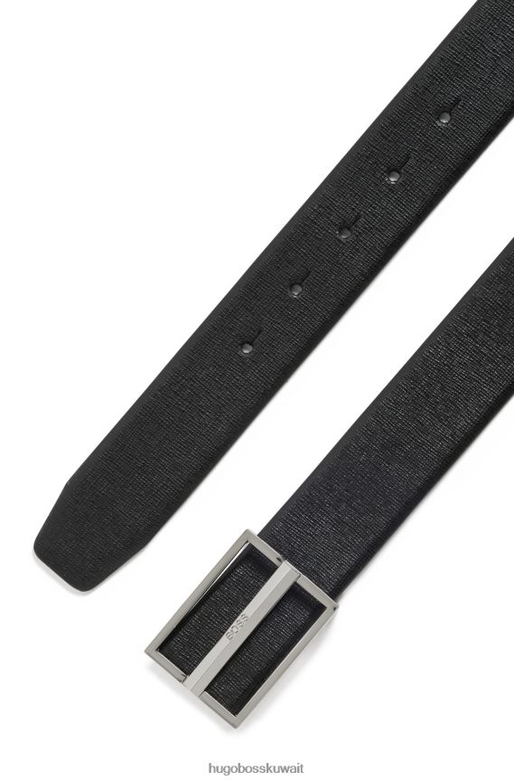 4TFNJN5366 أسود Hugo Boss حزام من الجلد المطبوع مع مشبك شعار مصقول باللون الأسود