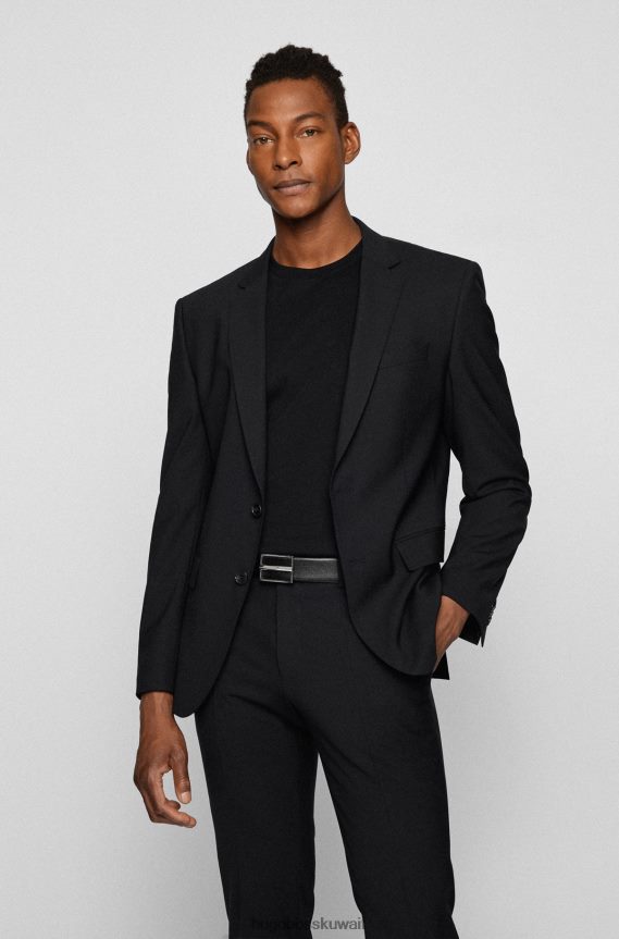 4TFNJN5366 أسود Hugo Boss حزام من الجلد المطبوع مع مشبك شعار مصقول باللون الأسود