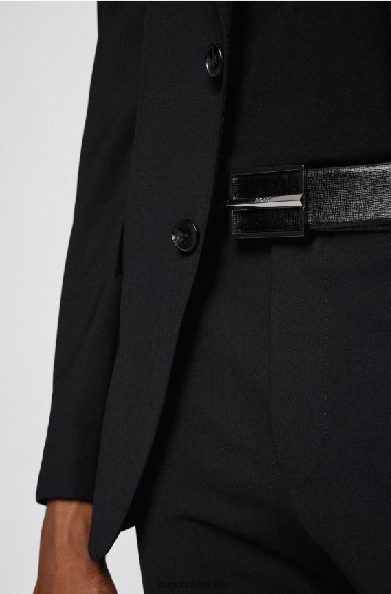 4TFNJN5366 أسود Hugo Boss حزام من الجلد المطبوع مع مشبك شعار مصقول باللون الأسود