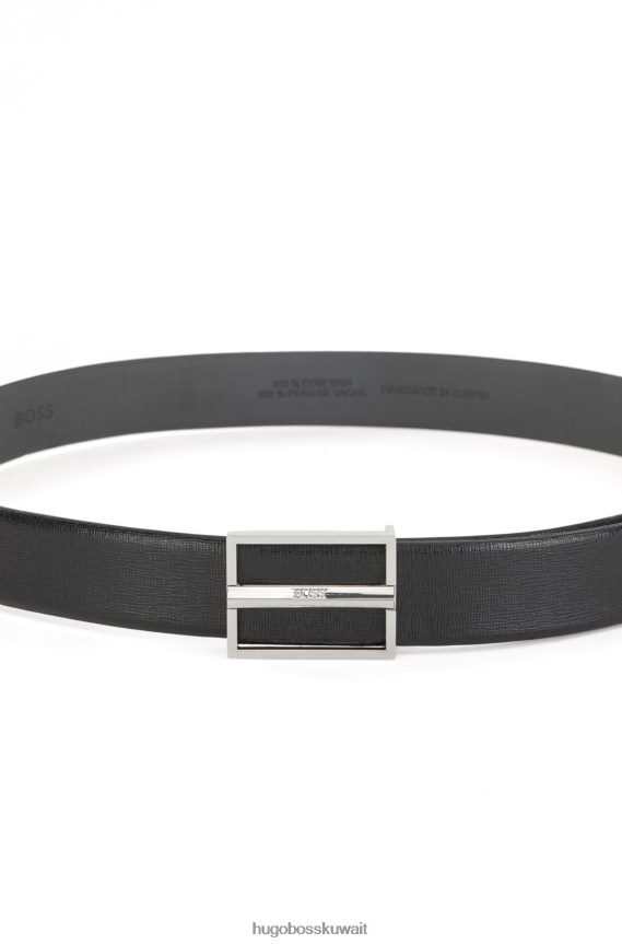 4TFNJN5366 أسود Hugo Boss حزام من الجلد المطبوع مع مشبك شعار مصقول باللون الأسود