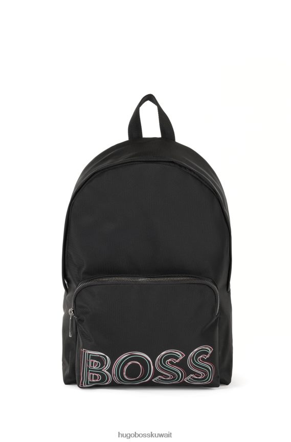4TFNJN5375 أسود Hugo Boss حقيبة ظهر هوغو سوداء بسحاب مصنوعة من قماش معاد تدويره مع شعار متعدد الألوان