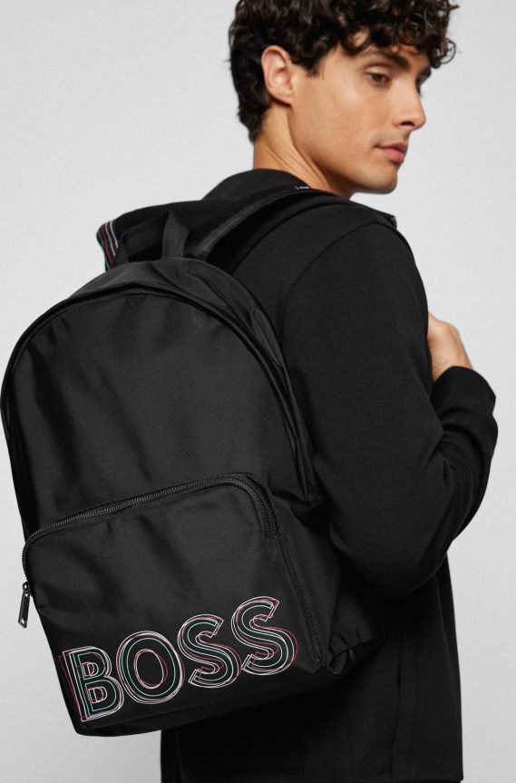 4TFNJN5375 أسود Hugo Boss حقيبة ظهر هوغو سوداء بسحاب مصنوعة من قماش معاد تدويره مع شعار متعدد الألوان