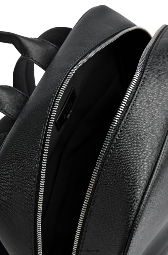 4TFNJN5378 أسود Hugo Boss حقيبة ظهر هوغو من الجلد المنظم مع شعار فضي اللون باللون الأسود