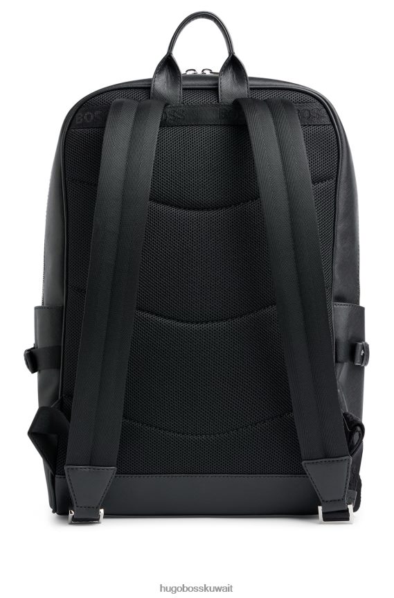 4TFNJN5378 أسود Hugo Boss حقيبة ظهر هوغو من الجلد المنظم مع شعار فضي اللون باللون الأسود