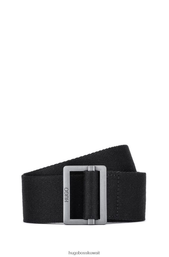 4TFNJN5393 أسود Hugo Boss حزام قماش مع علامة الشعار الأحمر هوغو الأسود