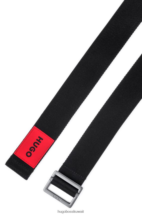 4TFNJN5393 أسود Hugo Boss حزام قماش مع علامة الشعار الأحمر هوغو الأسود