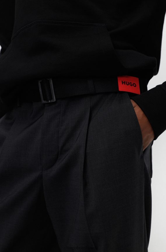 4TFNJN5393 أسود Hugo Boss حزام قماش مع علامة الشعار الأحمر هوغو الأسود