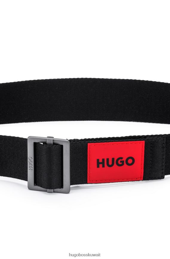 4TFNJN5393 أسود Hugo Boss حزام قماش مع علامة الشعار الأحمر هوغو الأسود