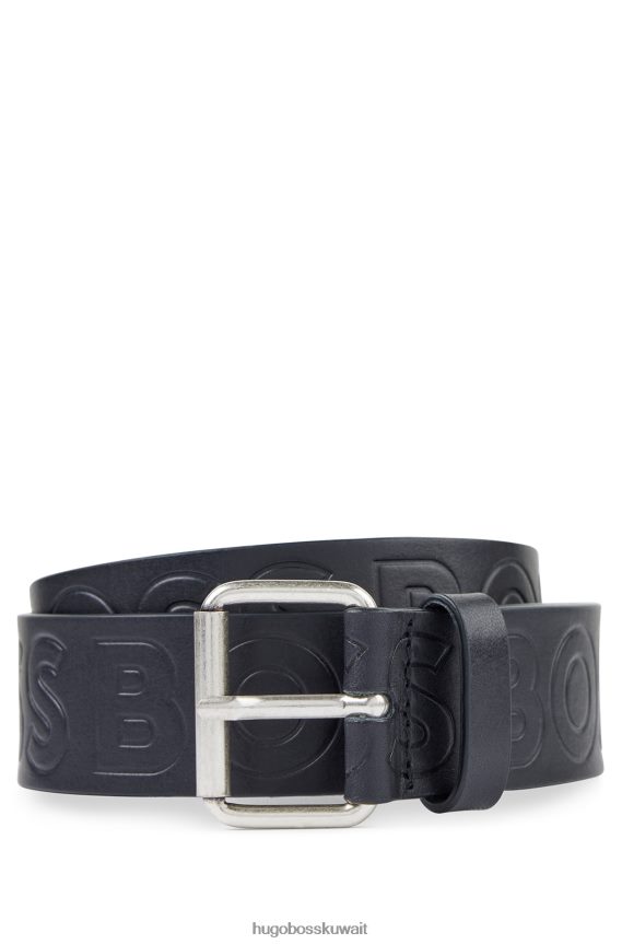 4TFNJN5395 أسود Hugo Boss حزام من الجلد الإيطالي مع حزام بطباعة الشعار باللون الأسود
