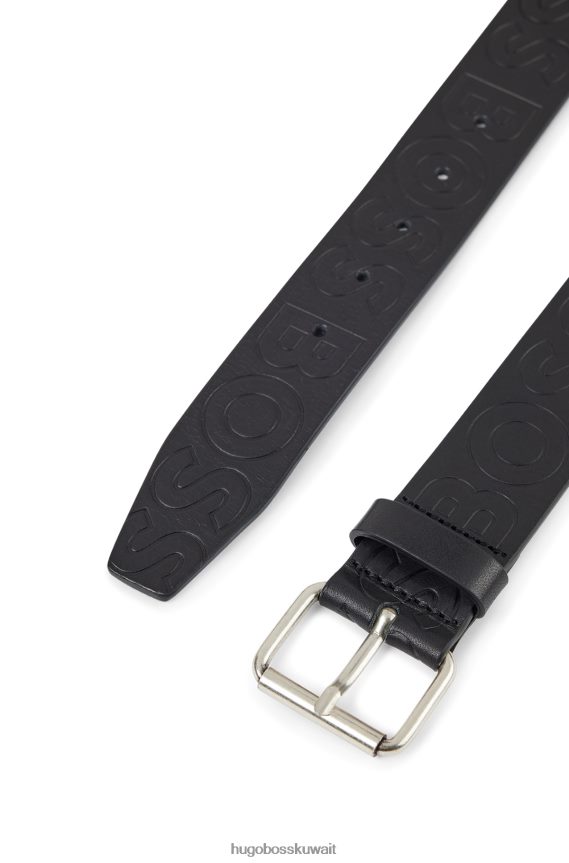 4TFNJN5395 أسود Hugo Boss حزام من الجلد الإيطالي مع حزام بطباعة الشعار باللون الأسود