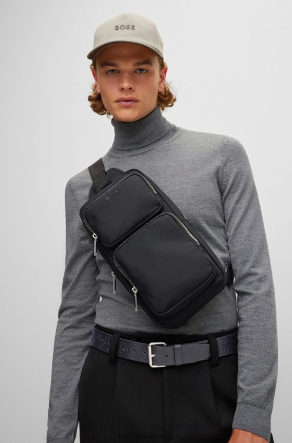 4TFNJN5395 أسود Hugo Boss حزام من الجلد الإيطالي مع حزام بطباعة الشعار باللون الأسود