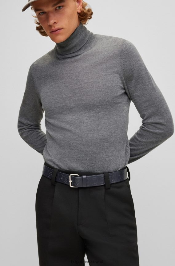 4TFNJN5395 أسود Hugo Boss حزام من الجلد الإيطالي مع حزام بطباعة الشعار باللون الأسود