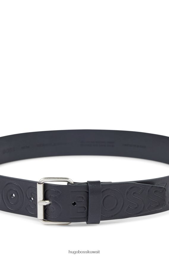4TFNJN5395 أسود Hugo Boss حزام من الجلد الإيطالي مع حزام بطباعة الشعار باللون الأسود