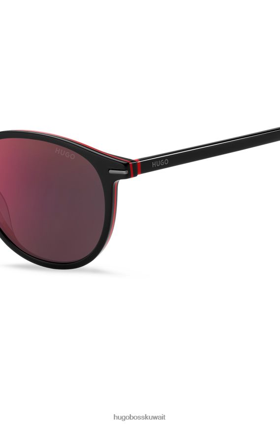 4TFNJN5396 حزمة مسبقة متنوعة Hugo Boss نظارات شمسية هوغو دائرية متنوعة مسبقة الصنع مصنوعة من الأسيتات السوداء مع تفاصيل حمراء