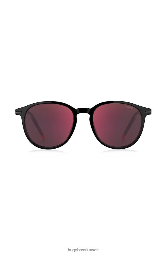 4TFNJN5396 حزمة مسبقة متنوعة Hugo Boss نظارات شمسية هوغو دائرية متنوعة مسبقة الصنع مصنوعة من الأسيتات السوداء مع تفاصيل حمراء