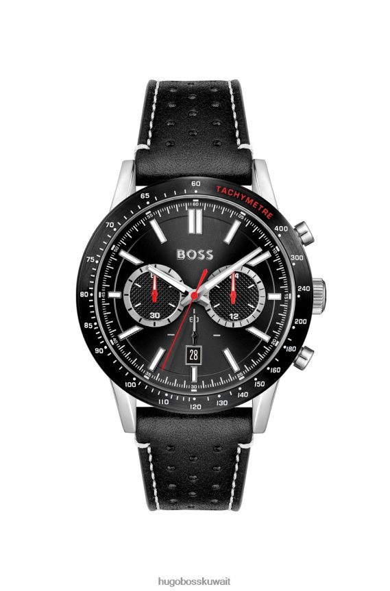 4TFNJN5397 حزمة مسبقة متنوعة Hugo Boss ساعة هوغو كرونوغراف متنوعة بمينا أسود وحزام جلدي مثقوب