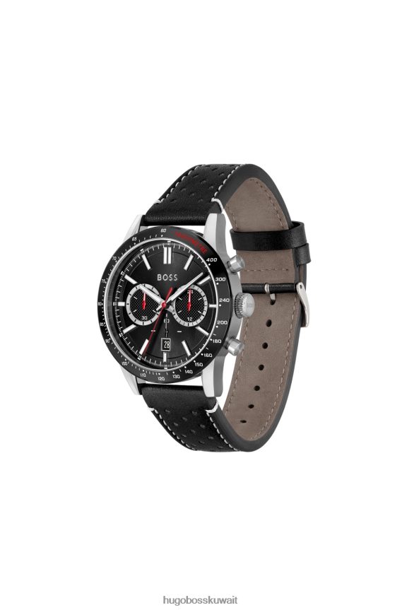 4TFNJN5397 حزمة مسبقة متنوعة Hugo Boss ساعة هوغو كرونوغراف متنوعة بمينا أسود وحزام جلدي مثقوب