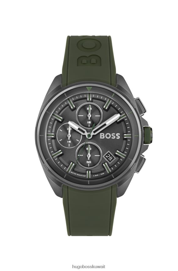 4TFNJN5398 حزمة مسبقة متنوعة Hugo Boss ساعة هوغو كرونوغراف مطلية باللون الرمادي مع حزام سيليكون زيتوني، عبوة متنوعة مسبقة الصنع