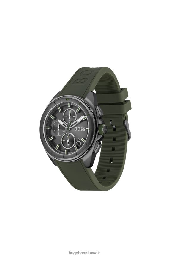 4TFNJN5398 حزمة مسبقة متنوعة Hugo Boss ساعة هوغو كرونوغراف مطلية باللون الرمادي مع حزام سيليكون زيتوني، عبوة متنوعة مسبقة الصنع