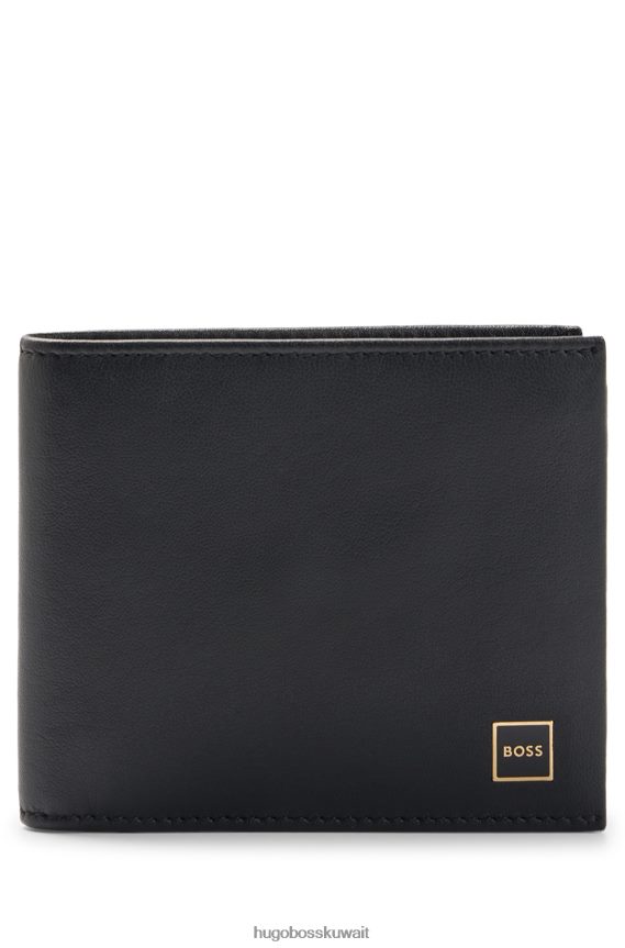 4TFNJN5412 أسود Hugo Boss محفظة هوغو من الجلد باللون الأسود مع شعار في إطار ذهبي اللون