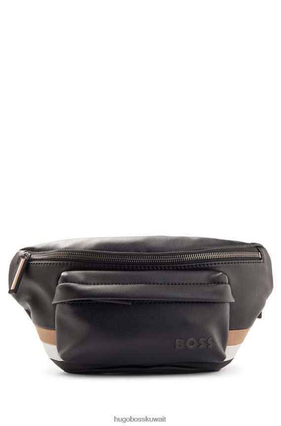 4TFNJN5413 أسود Hugo Boss حقيبة هوغو بحزام من الجلد الصناعي مع حواف مخططة باللون الأسود