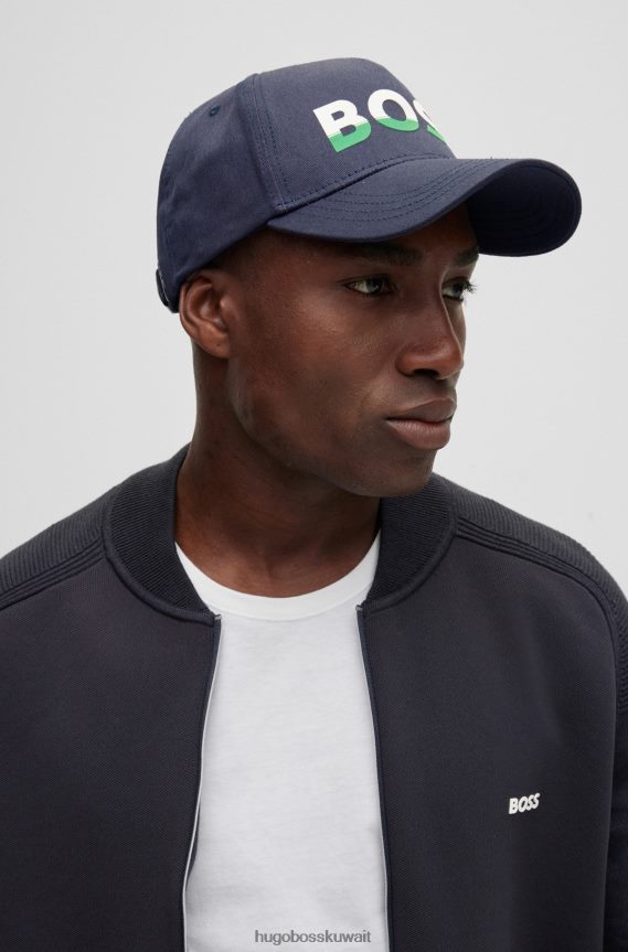4TFNJN5414 أزرق غامق Hugo Boss قبعة من نسيج قطني طويل مع طباعة شعار ملون باللون الأزرق الداكن