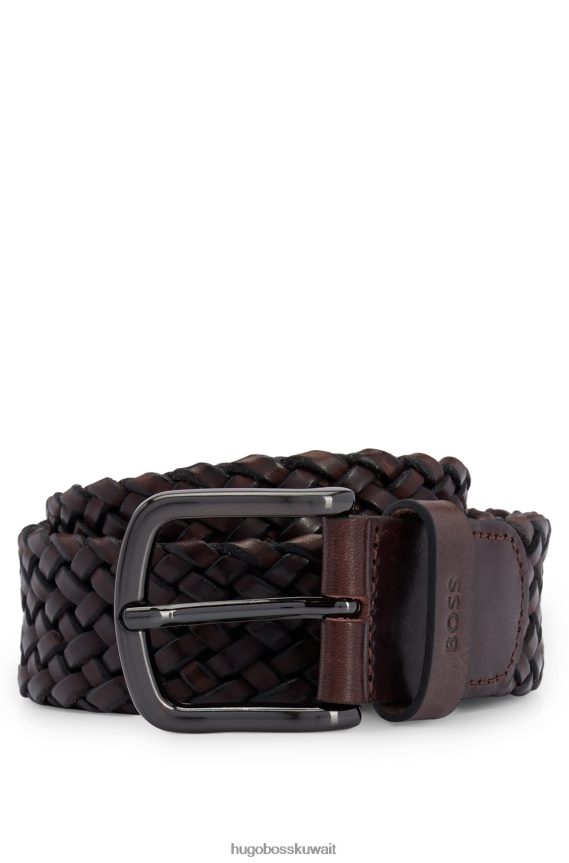 4TFNJN5432 بني غامق Hugo Boss حزام هوغو من الجلد المنسوج مع حافظة الشعار باللون البني الداكن