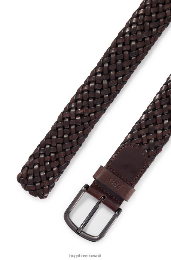 4TFNJN5432 بني غامق Hugo Boss حزام هوغو من الجلد المنسوج مع حافظة الشعار باللون البني الداكن