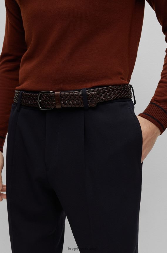 4TFNJN5432 بني غامق Hugo Boss حزام هوغو من الجلد المنسوج مع حافظة الشعار باللون البني الداكن