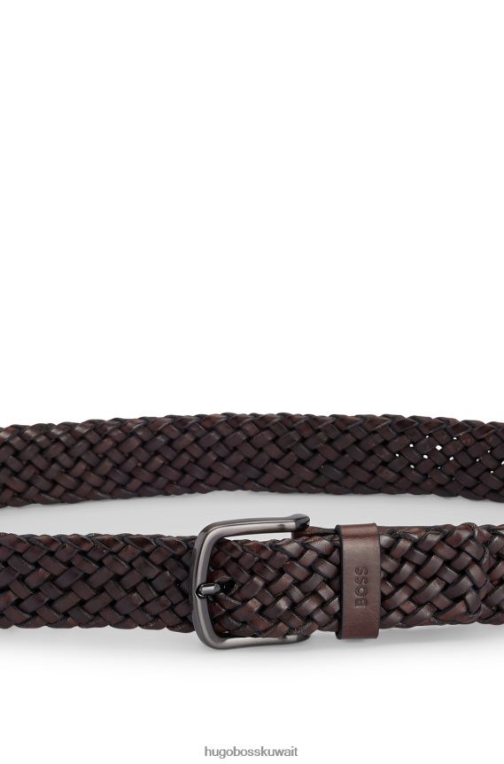 4TFNJN5432 بني غامق Hugo Boss حزام هوغو من الجلد المنسوج مع حافظة الشعار باللون البني الداكن