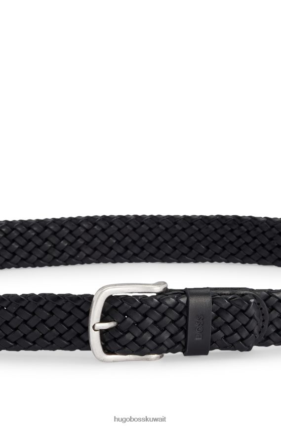 4TFNJN5433 أسود Hugo Boss حزام من الجلد المنسوج مع شعار هوغو الأسود