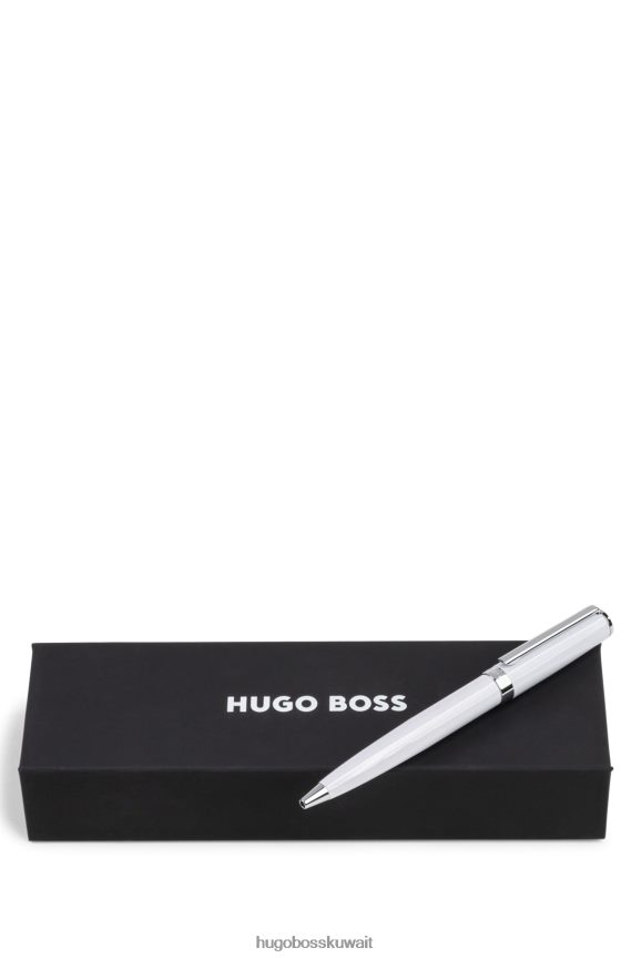 4TFNJN5434 أبيض Hugo Boss قلم حبر جاف أبيض مطلي بالورنيش الأبيض اللامع مع حلقة شعار هوغو