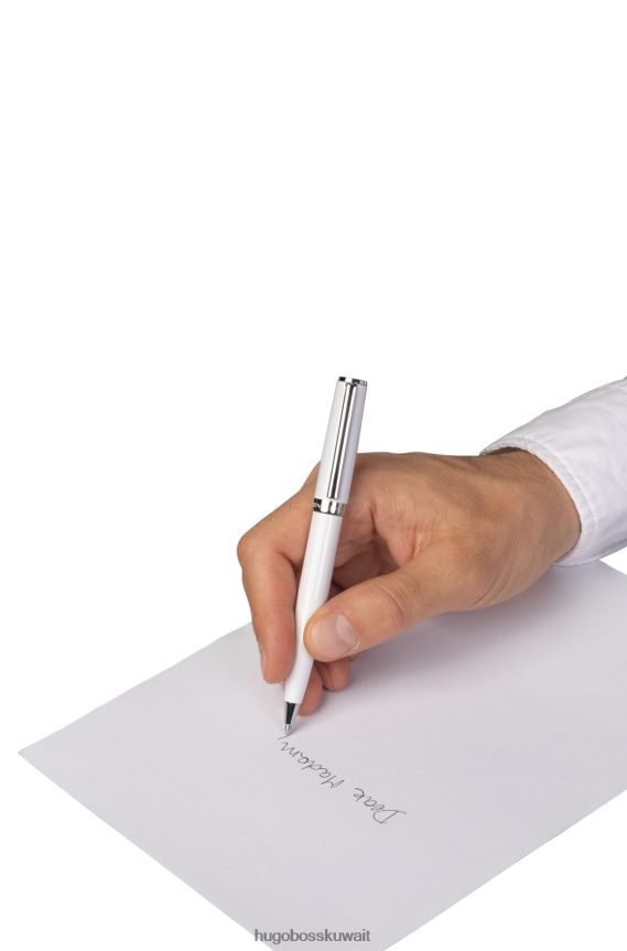 4TFNJN5434 أبيض Hugo Boss قلم حبر جاف أبيض مطلي بالورنيش الأبيض اللامع مع حلقة شعار هوغو