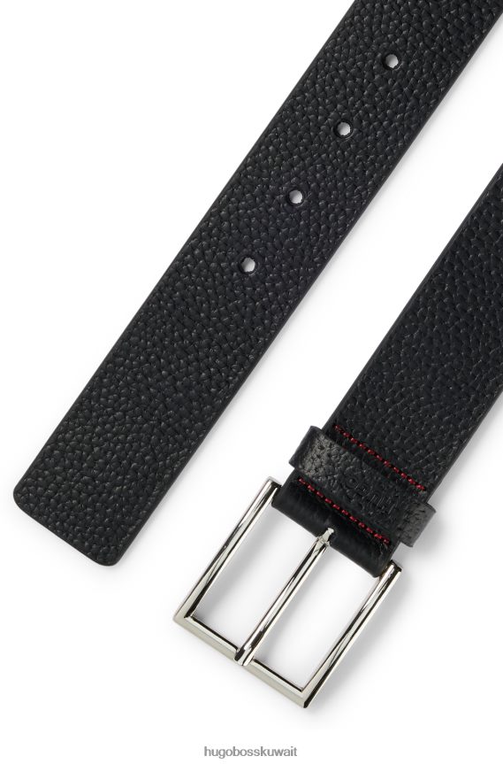 4TFNJN5435 أسود Hugo Boss حزام من الجلد المحبب مع شعار Keeper Hugo باللون الأسود